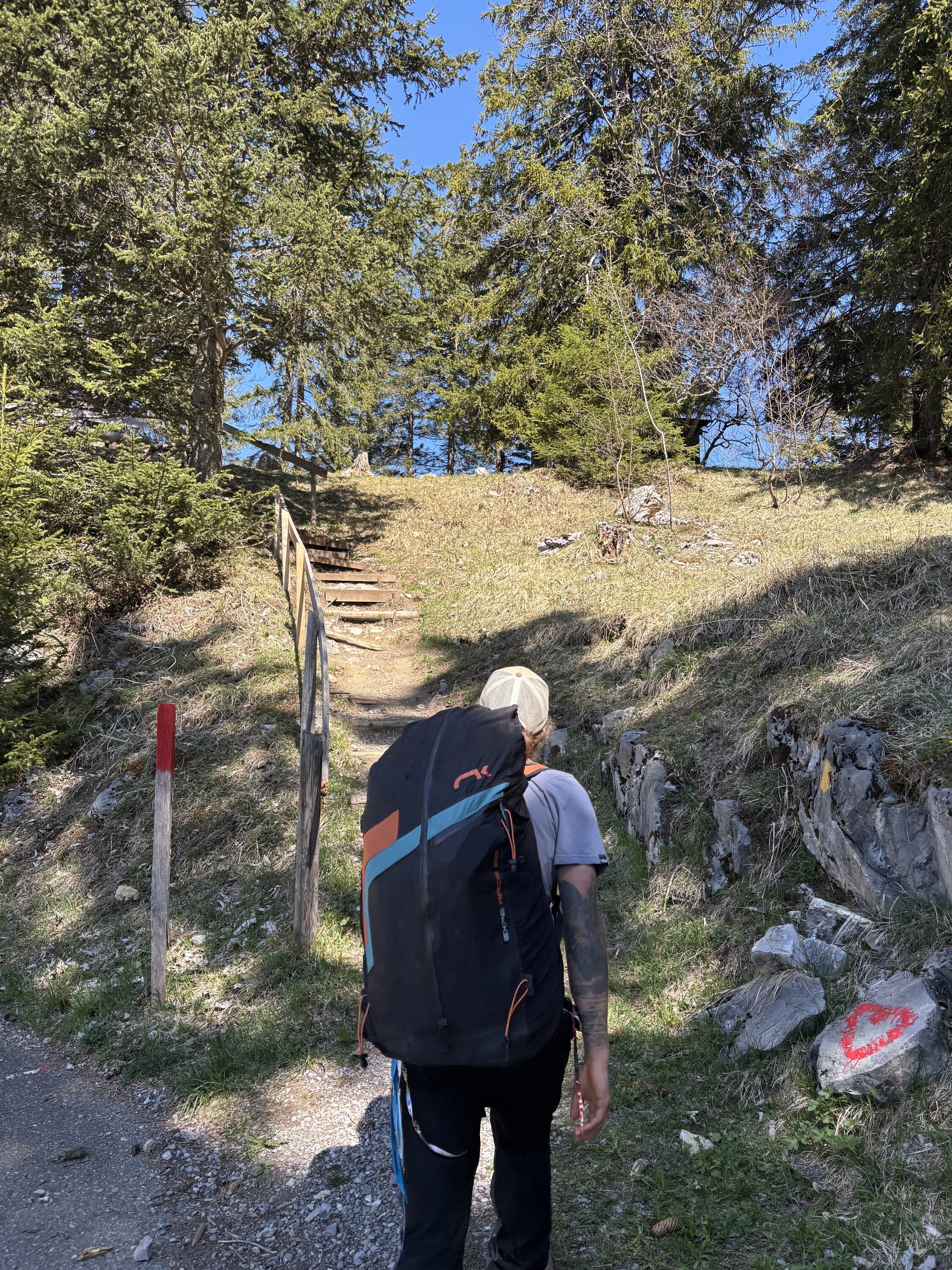 Person walking through forest with parachute gear on the ground