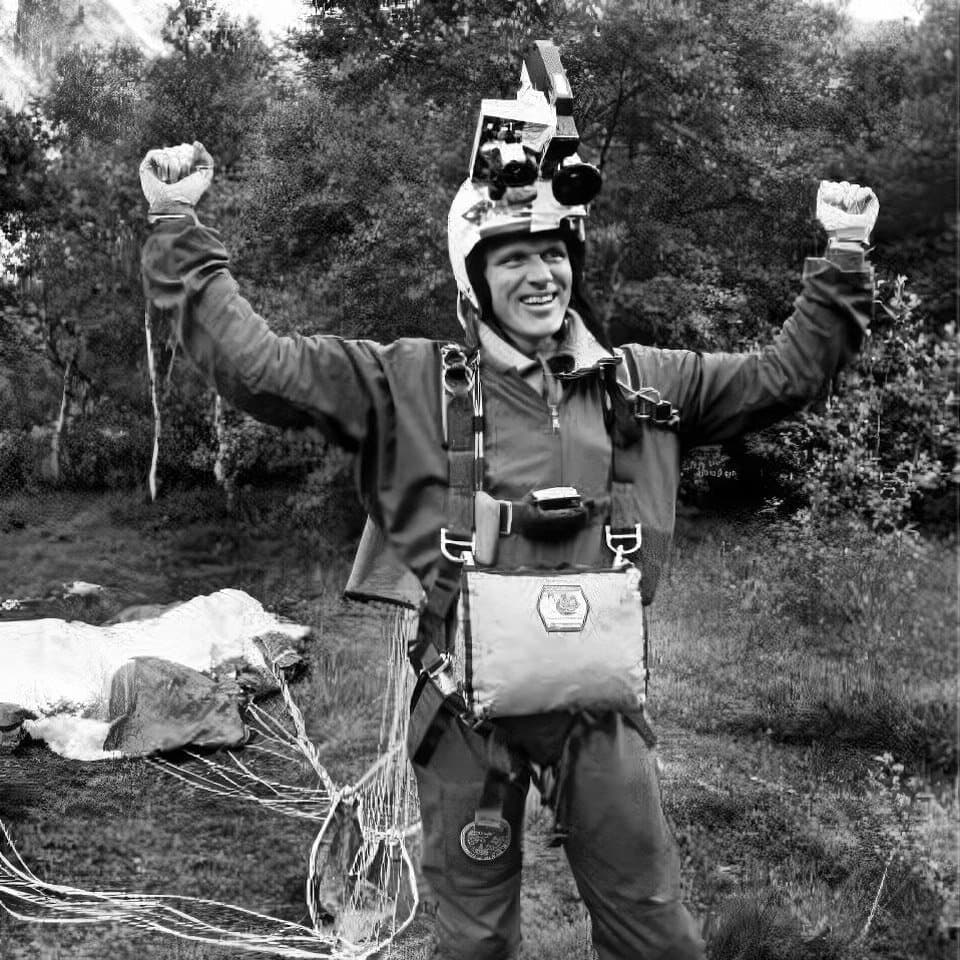 Black-and-white portrait of a parachutist wearing a helmet and gear.