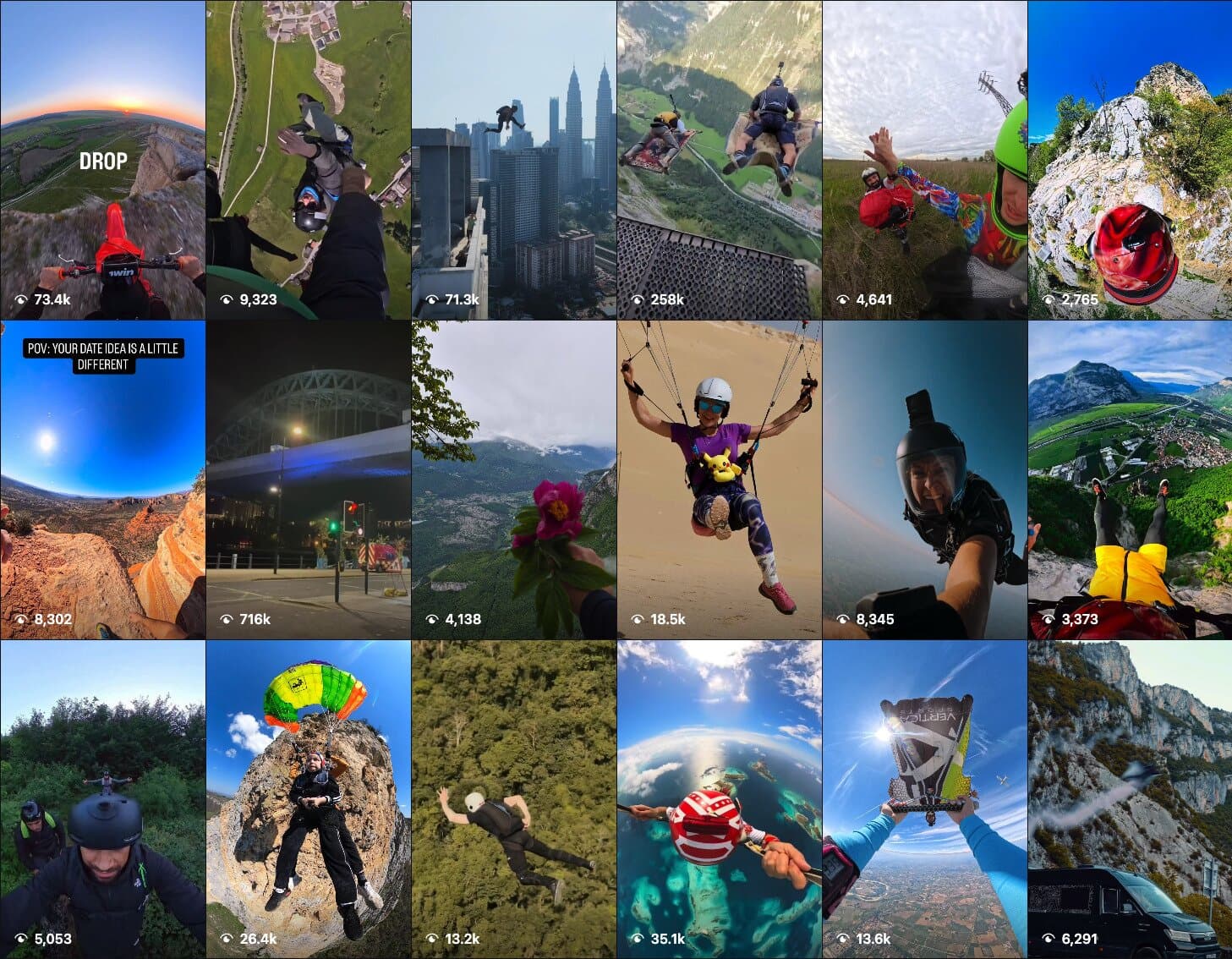Grid of BASE jumping images and videos from social media.